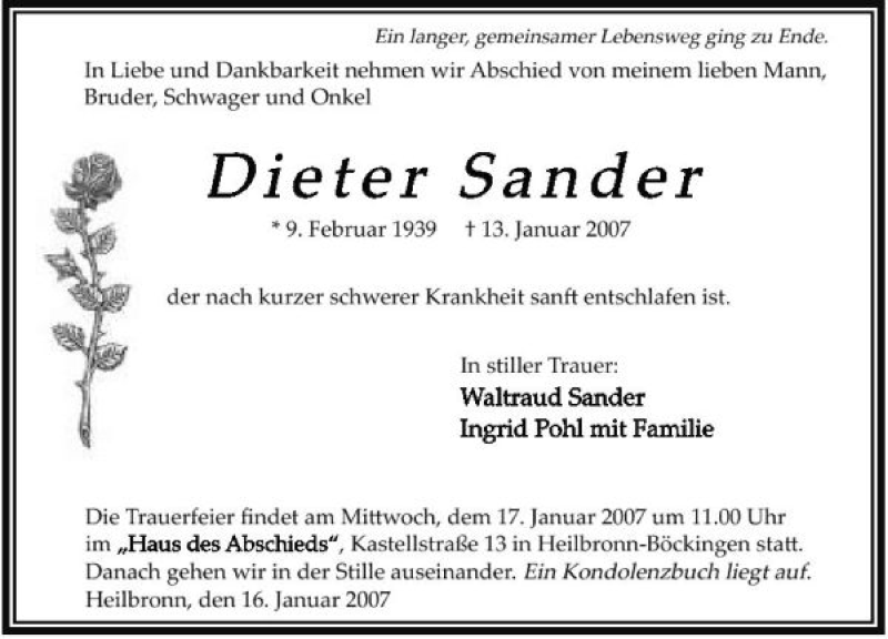  Traueranzeige für Dieter Sander vom 16.01.2007 aus 