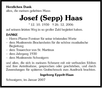 Traueranzeige von Josef Haase 