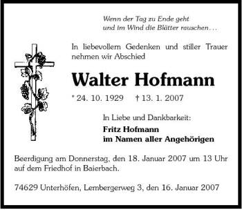 Traueranzeige von Walter Hofmann 
