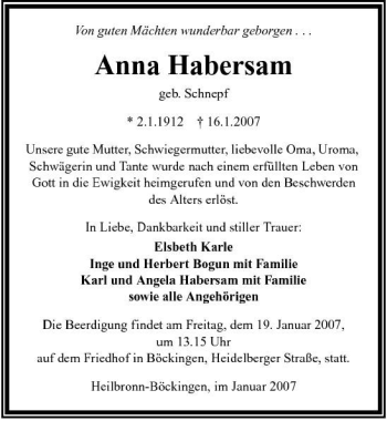 Traueranzeige von Anna Habersam 