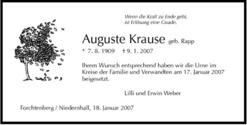 Traueranzeige von Auguste Krause 
