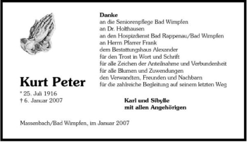 Traueranzeige von Kurt Peter 