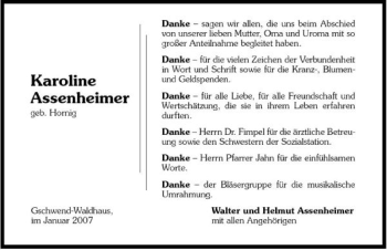 Traueranzeige von Karoline Assenheimer 
