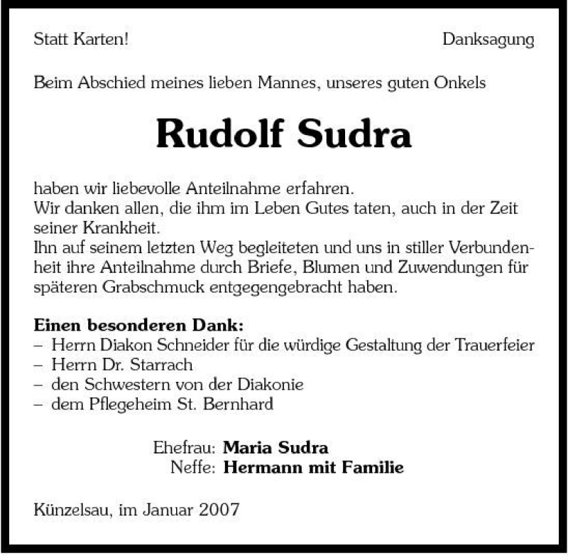  Traueranzeige für Rudolf Sudra vom 20.01.2007 aus 