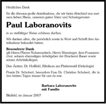 Traueranzeige von Paul Laboranovits 