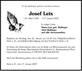 Traueranzeige von Josef Leix 
