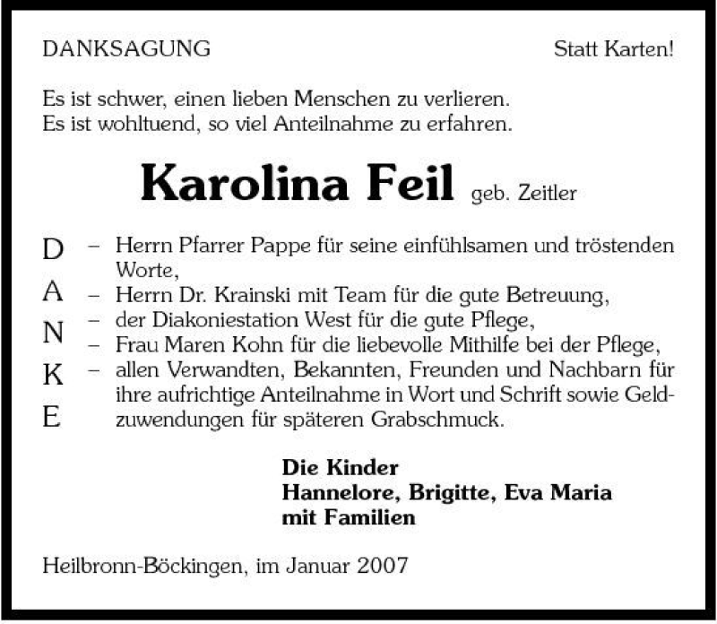  Traueranzeige für Karolina Feil vom 20.01.2007 aus 