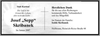 Traueranzeige von Josef Skribanke 