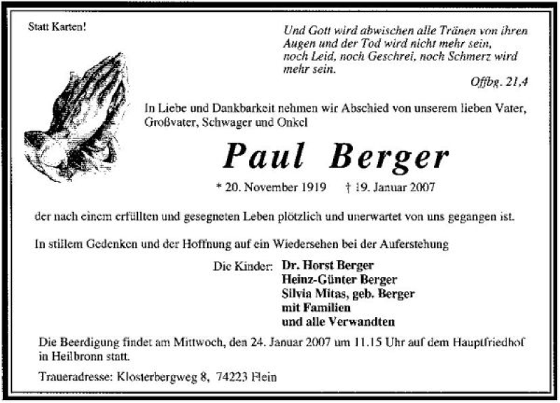  Traueranzeige für Paul Berger vom 22.01.2007 aus 