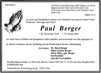 Traueranzeige von Paul Berger 