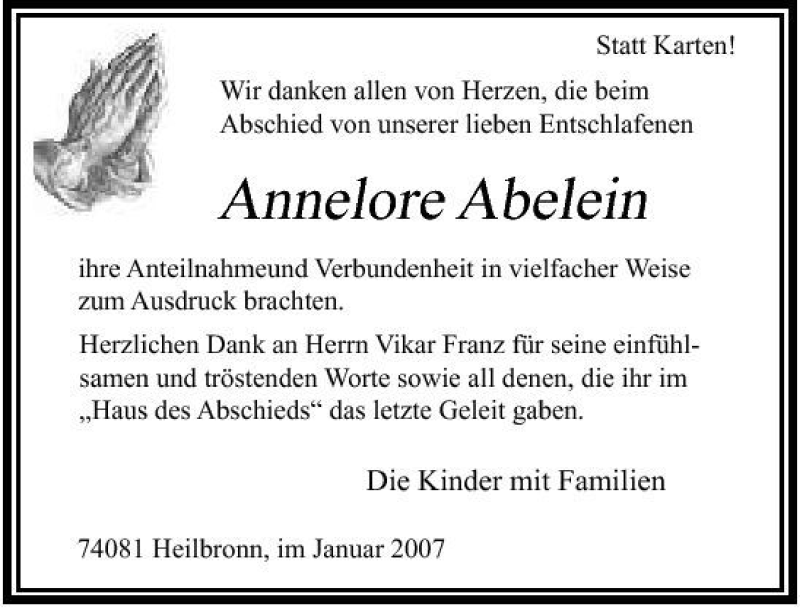  Traueranzeige für Annelore Abelein vom 24.01.2007 aus 