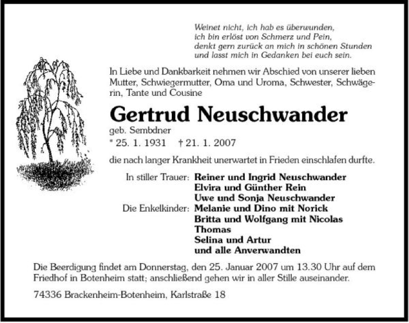  Traueranzeige für Gertrud Neuschwander vom 23.01.2007 aus 