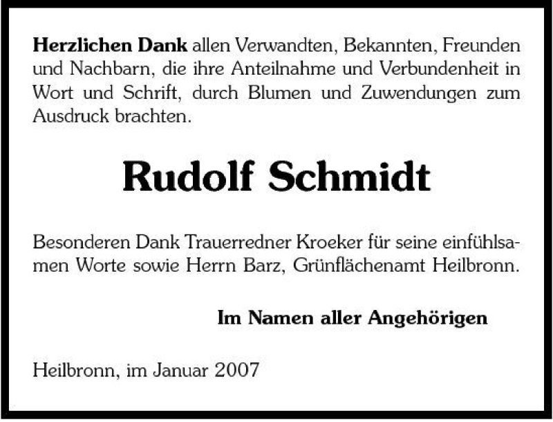  Traueranzeige für Rudolf Schmidt vom 27.01.2007 aus 