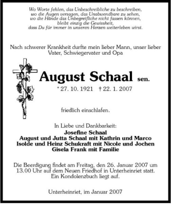 Traueranzeige von August Schaal 