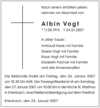 Traueranzeige von Vogt Albin 