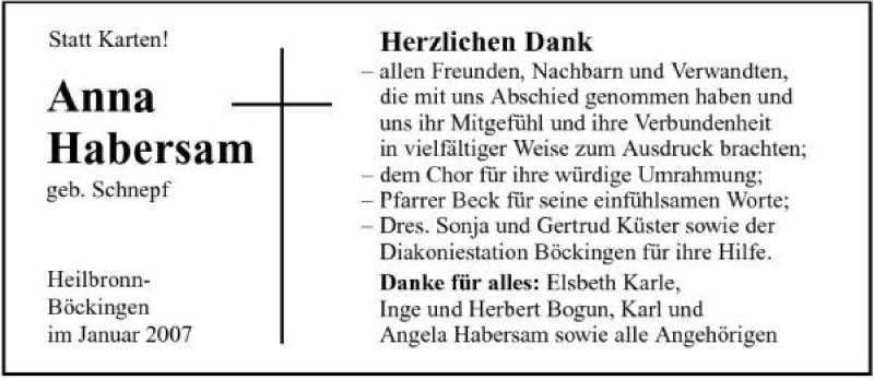  Traueranzeige für Anna Habersam vom 26.01.2007 aus 
