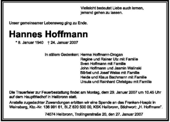 Traueranzeige von Hannes Hoffmann 
