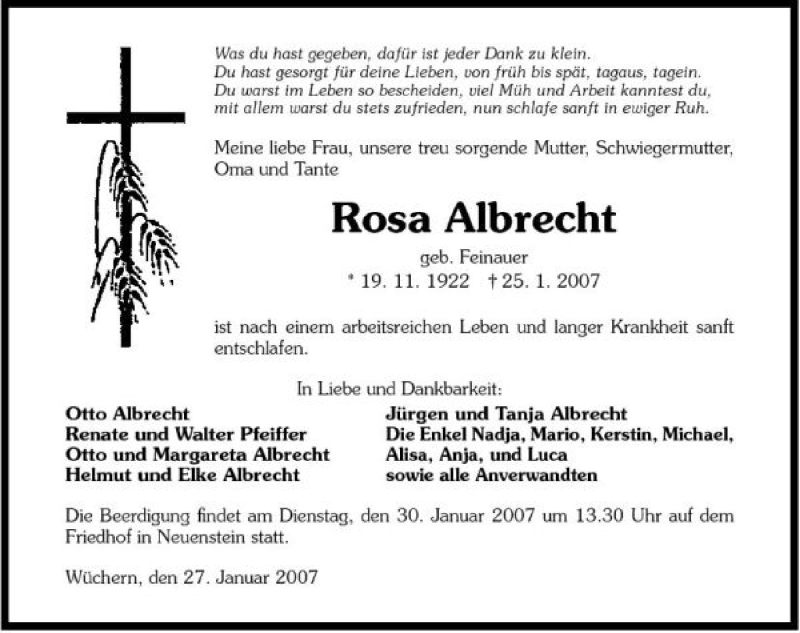  Traueranzeige für Rosa Albrecht vom 27.01.2007 aus 