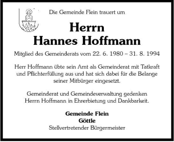 Traueranzeige von Hannes Hoffmann 