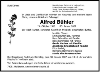 Traueranzeige von Alfred Bühler 