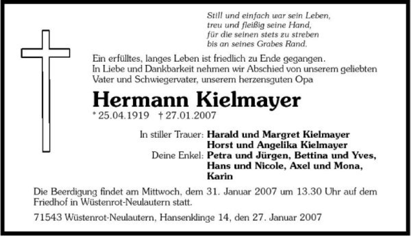  Traueranzeige für Hermann Kielmayer vom 29.01.2007 aus 