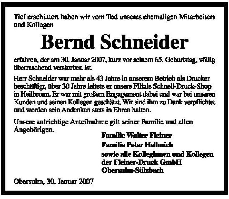  Traueranzeige für Bernd Schneider vom 31.01.2007 aus 