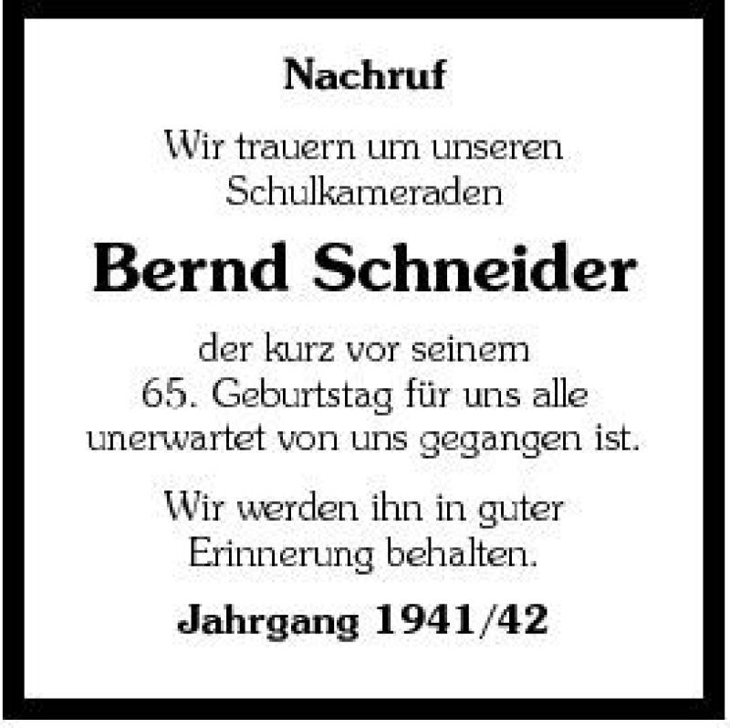  Traueranzeige für Bernd Schneider vom 01.02.2007 aus 