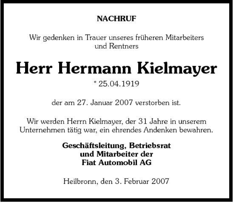  Traueranzeige für Hermann Kielmayer vom 03.02.2007 aus 