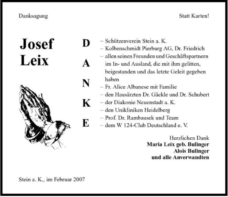  Traueranzeige für Josef Leix vom 03.02.2007 aus 