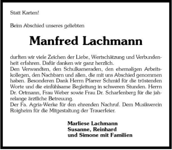Traueranzeige von Manfred Lachmann 