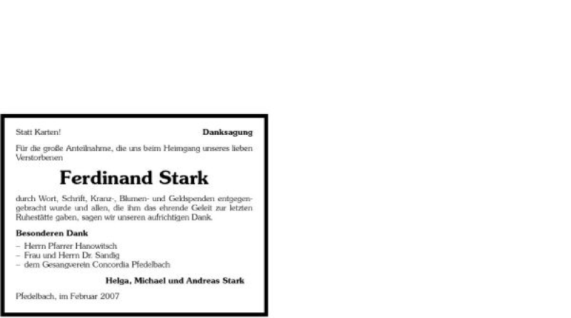  Traueranzeige für Ferdinand Stark vom 06.02.2007 aus 
