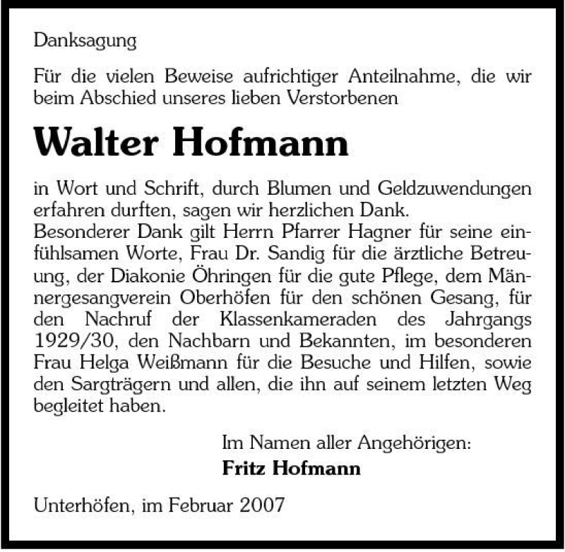  Traueranzeige für Walter Hofmann vom 03.02.2007 aus 