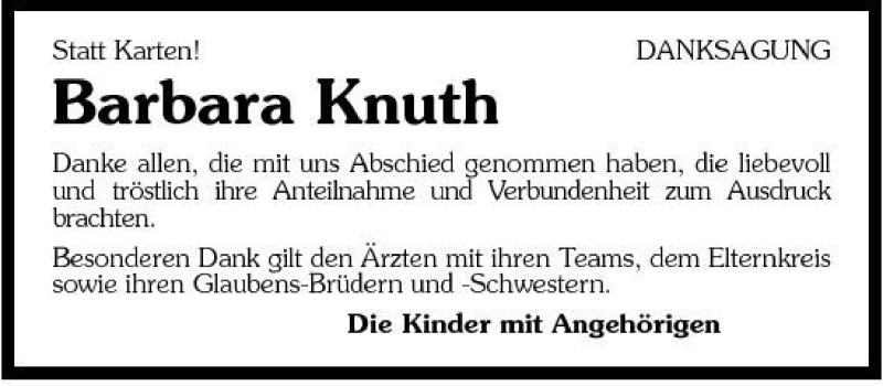  Traueranzeige für Barbara Knuth vom 06.02.2007 aus 