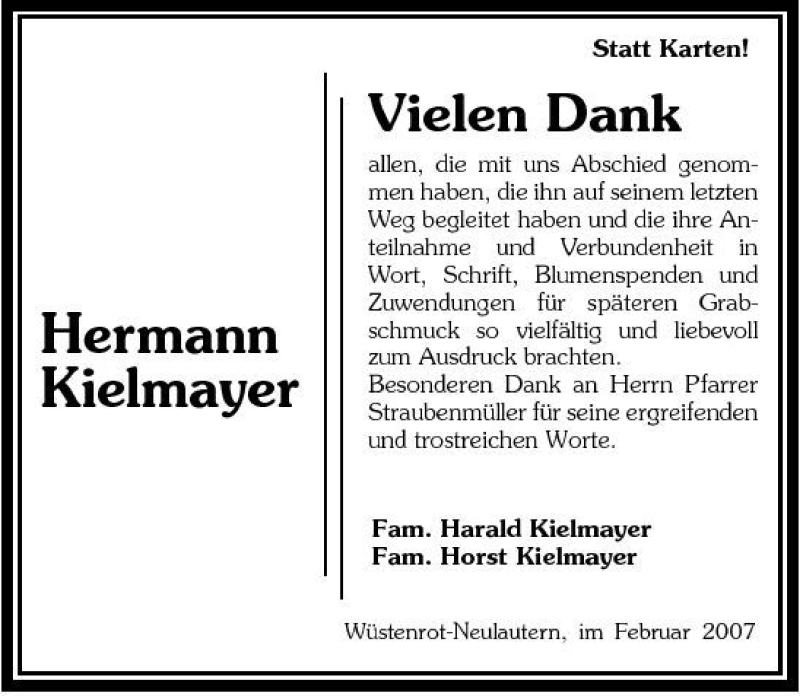  Traueranzeige für Hermann Kielmayer vom 07.02.2007 aus 