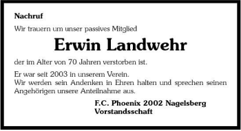 Traueranzeige von Erwin Landwehr 