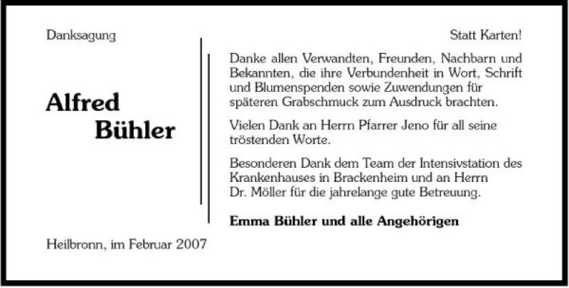  Traueranzeige für Alfred Bühler vom 09.02.2007 aus 