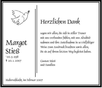 Traueranzeige von Margot Stieß 