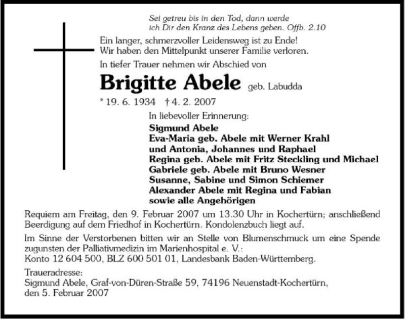  Traueranzeige für Brigitte Abele vom 07.02.2007 aus 