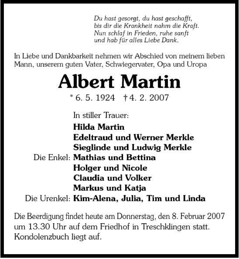  Traueranzeige für Albert Martin vom 08.02.2007 aus 