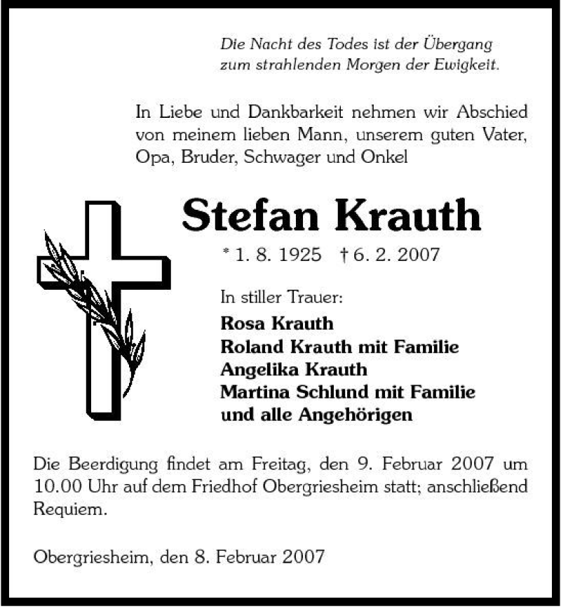 Traueranzeige für Stefan Krauth vom 08.02.2007 aus 