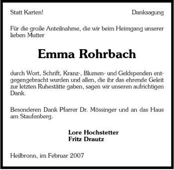Traueranzeige von Emma Rohrbach 
