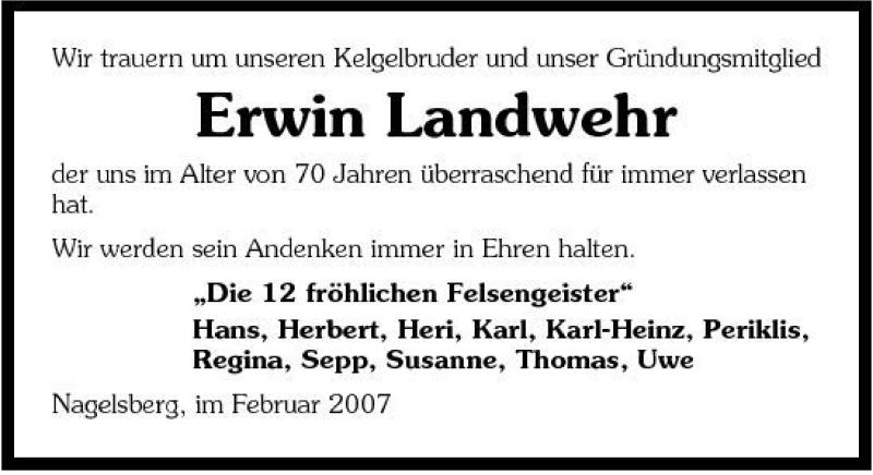  Traueranzeige für Erwin Landwehr vom 09.02.2007 aus 