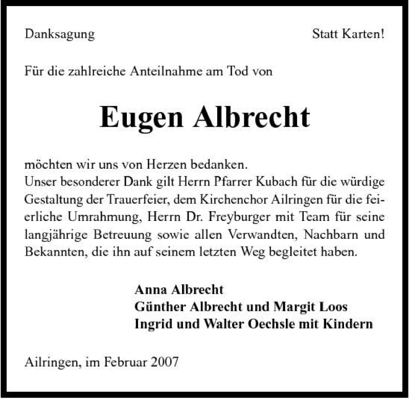  Traueranzeige für Eugen Albrecht vom 10.02.2007 aus 