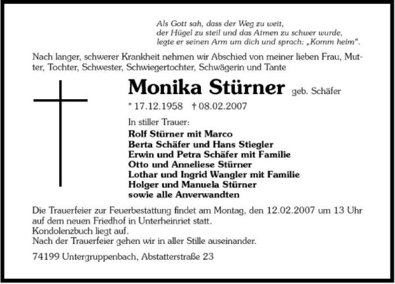  Traueranzeige für Monika Stürner vom 09.02.2007 aus 