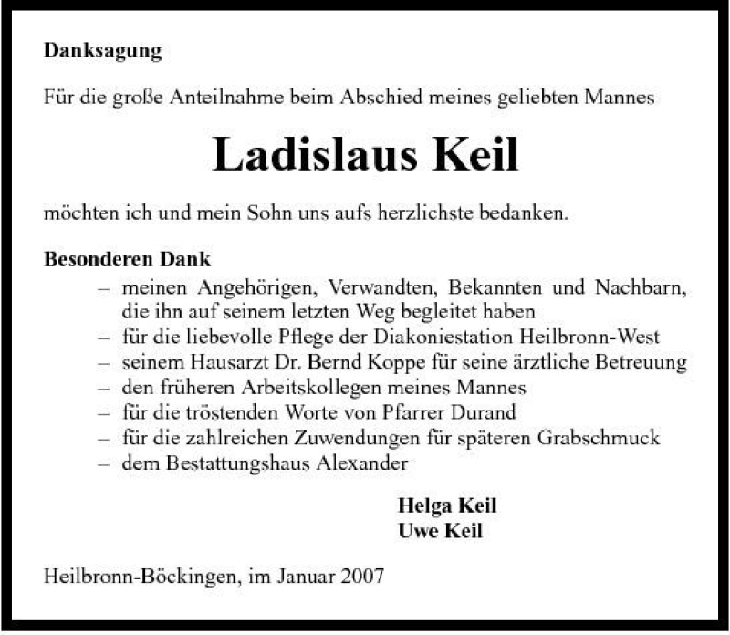  Traueranzeige für Ladislaus Keil vom 10.02.2007 aus 