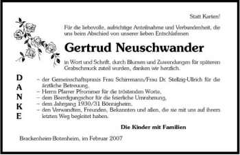 Traueranzeige von Gertrud Neuschwander 