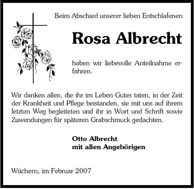  Traueranzeige für Rosa Albrecht vom 13.02.2007 aus 