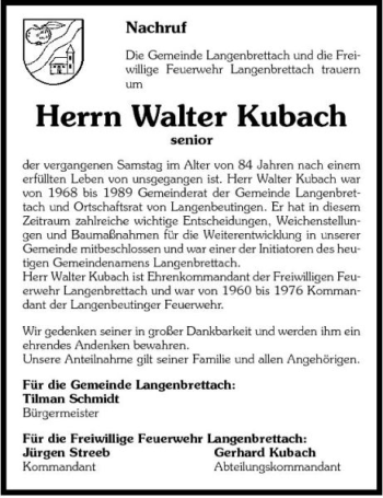 Traueranzeige von Walter Kubach 