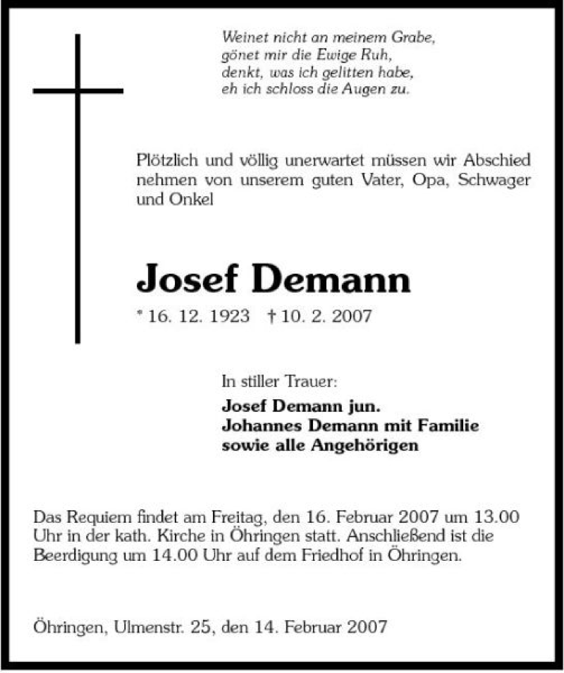  Traueranzeige für Josef Demann vom 14.02.2007 aus 