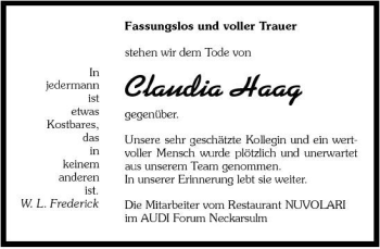 Traueranzeige von Claudia Haag 